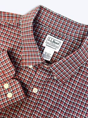 LL Bean Mens XL Tall Traditional Fit Plaid Tattersall 100% Cotton Shirt Red Navy